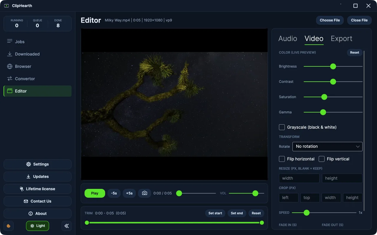 Editor: colour with live preview, then trim