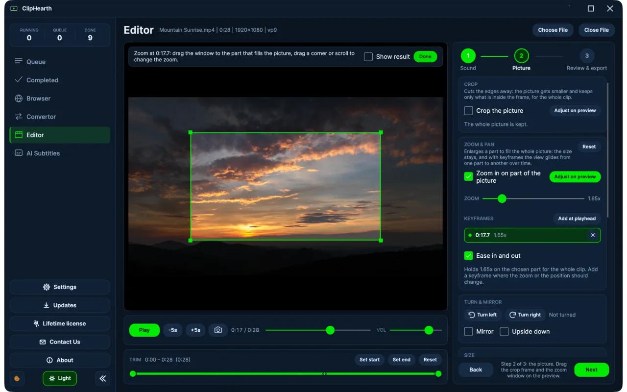 Editor: Zoom & pan, set on the preview