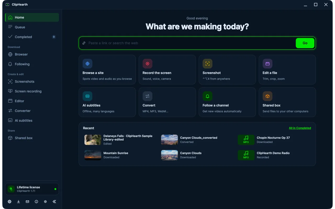 Home: paste a link or search the web, or start from a tile